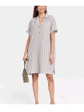 Universal Thread Linen Blend Striped Button-Up Shirt Dress Navy & Cream